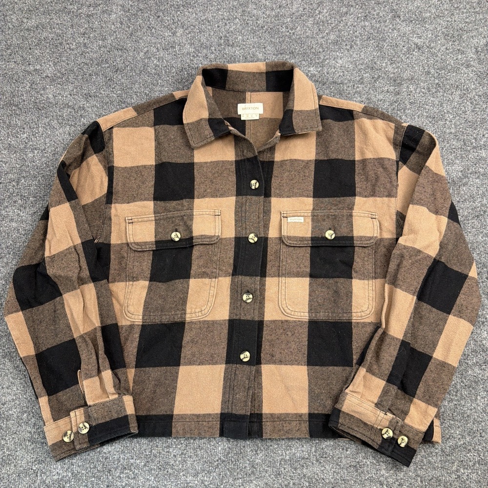 Brixton Bowery Jacket Shirt Women's M Brown Buffalo Plaid Button Boxy Cotton